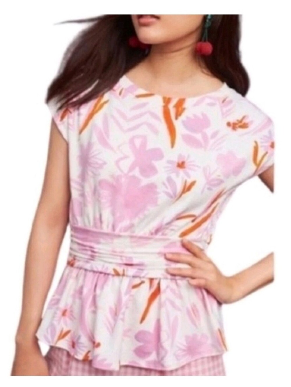 Anthropologie Pink Floral Cap-Sleeve Peplum Top